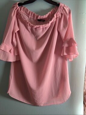 Pink Off-Shoulder Ruffle Sleeve Women's Top